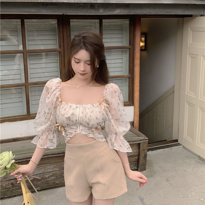 Áo Sơ Mi Voan Tay Ngắn Họa Tiết Hoa Phong Cách Pháp Thời Trang Cho Nữ