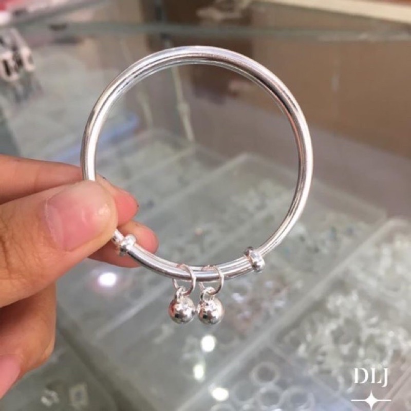 Vòng tay bạc ta cho bé THJ - Vòng tay bạc trơn mix chuông cho bé chuẩn bạc ta
