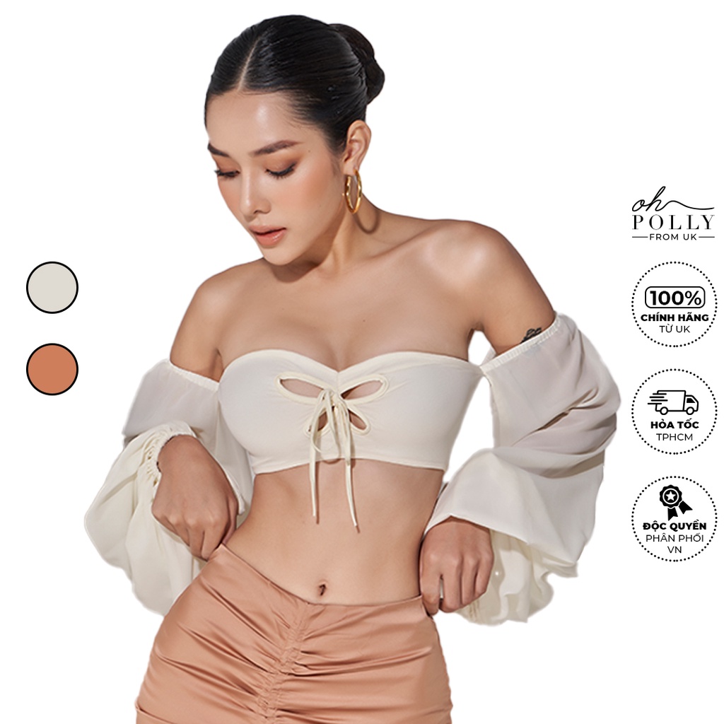 Oh Polly - Áo croptop trễ vai tay phồng cut-out khoét ngực, áo nữ dài tay hở lưng sexy