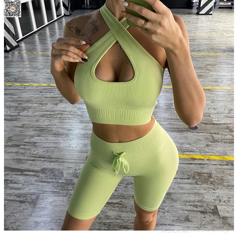 Bộ quần áo tập gym áo chéo ngực quần lửng cao cấp