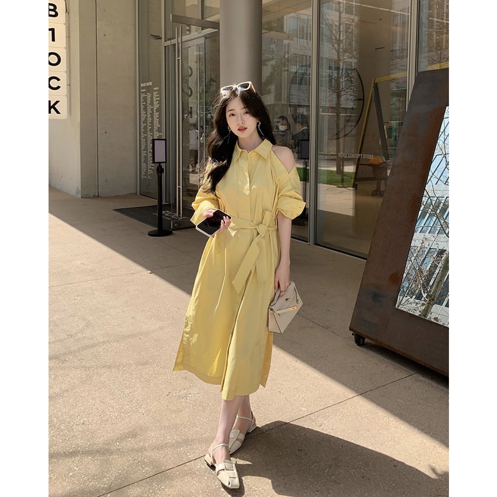 Váy sơ mi thô cut out vai dáng dài Kèm đai Hàn Quốc