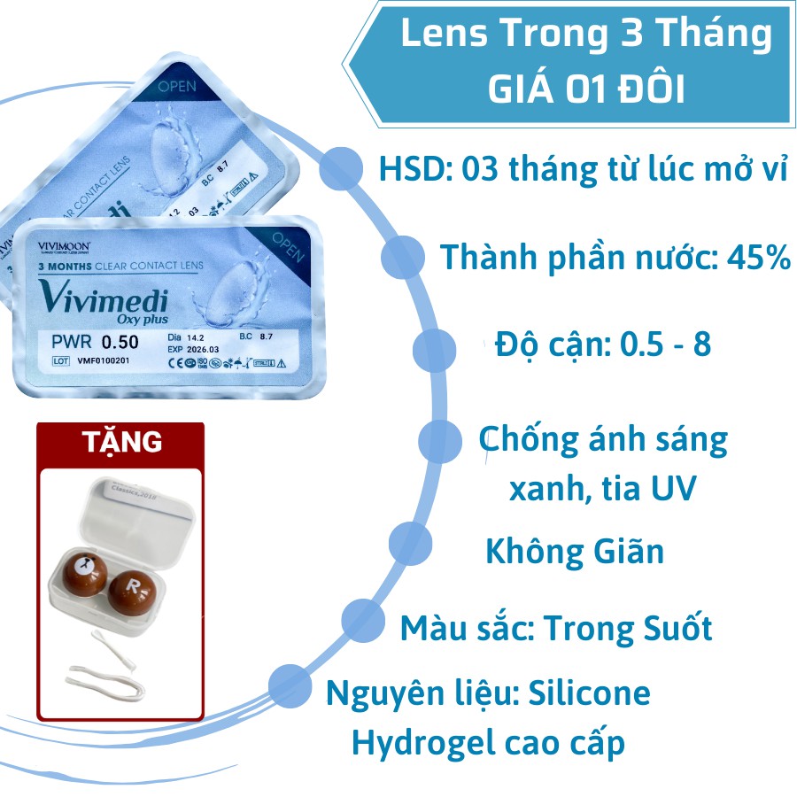 [Tặng Kèm Khay] Lens Trong Suốt Cận Silicone Hydrogel Cho Mắt Thở VIVIMOON 3 Tháng Có Độ Cận Từ 0 Đến 8 Độ