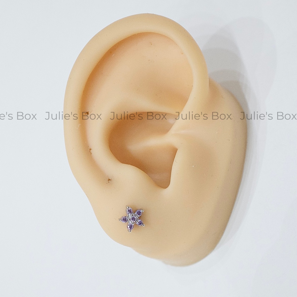 [1 Chiếc] Khuyên Tai Titan Hoa 5 Cánh Đá Tím Unisex Màu Bạc Đuôi Bi Không Ngứa Bông Tai Julies Box 66