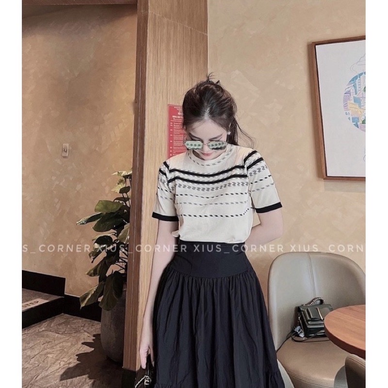 Áo len kẻ cổ tròn hàng tqxk ( kèm ảnh shop chụp thật )