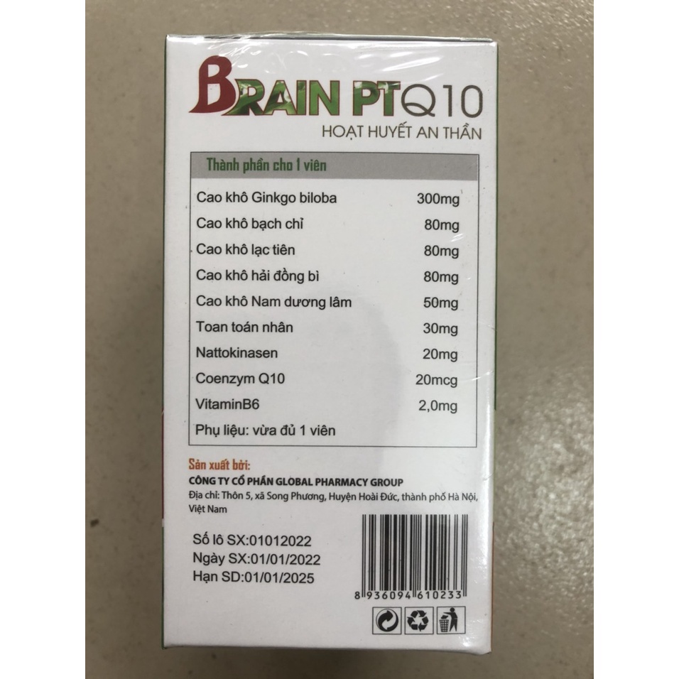 Hoạt Huyết An Thần Brain PT Q10, bổ não, tăng cường lưu thông máu lên não, giảm hoa mắt, chóng mặt, nhức đầu hiệu quả.