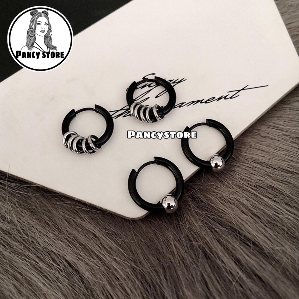 khuyên tai titan bông tai nam nữ tròn phối vòng bi không gỉ unisex