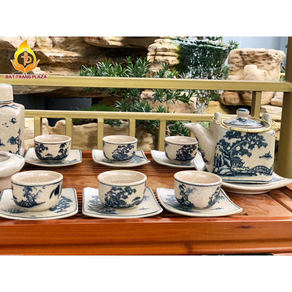 Bộ ấm trà men rạn Bát Tràng kiểu vuông
