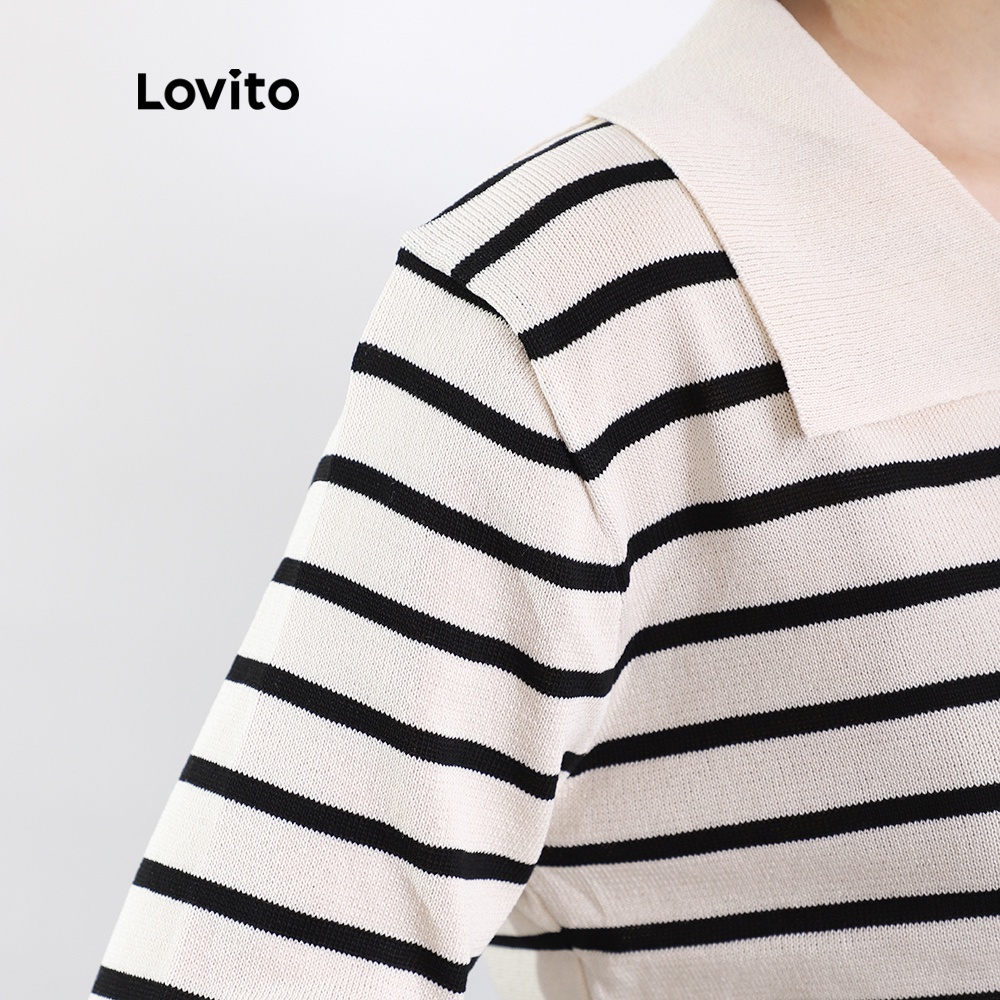  Áo Lovito tay dài cổ polo kiểu chữ V kẻ sọc phong cách Preppy L08215 (Màu be) | BigBuy360 - bigbuy360.vn