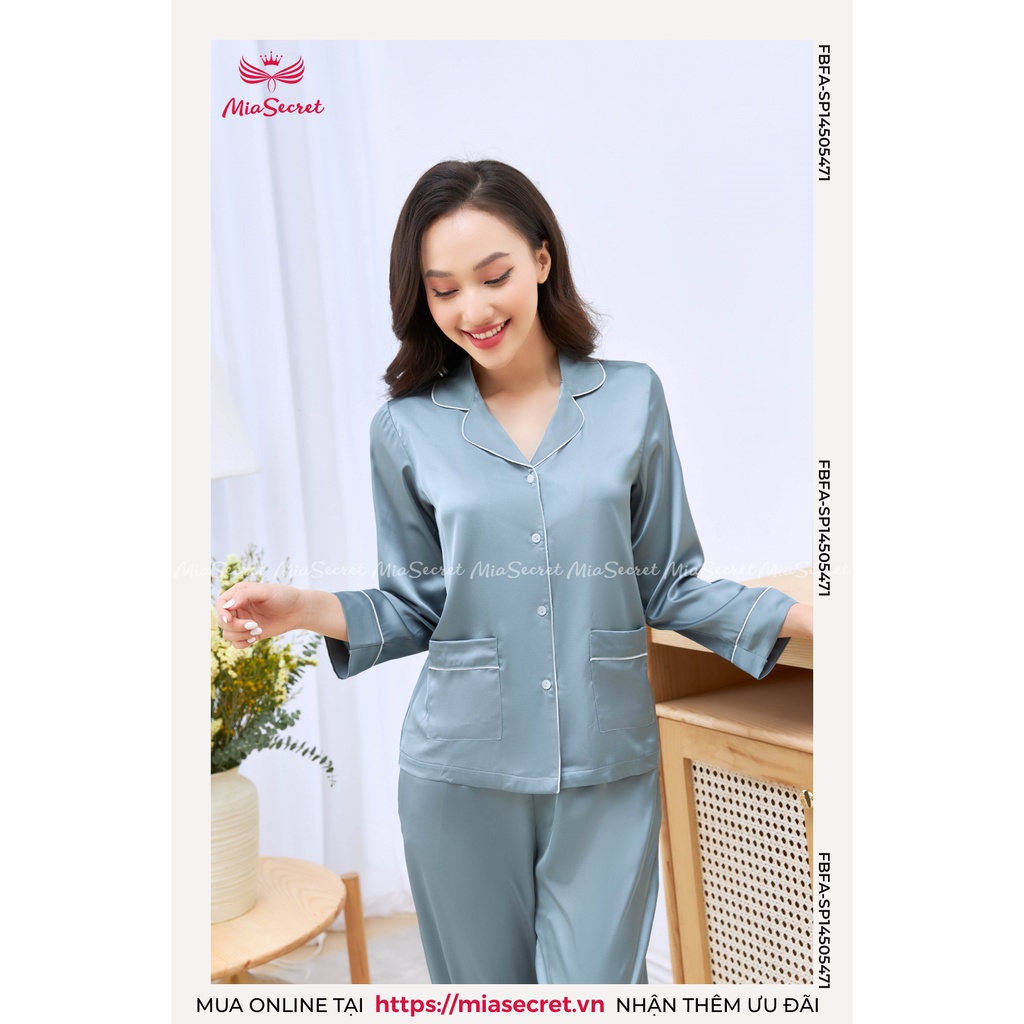 Bộ Đồ Ngủ Pyjama Cổ Điển Mia Secret Lụa Thái Cao Cấp - Xanh Ghi Dài Tay - SP14506813