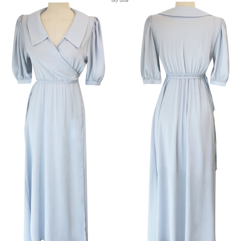 Đầm maxi tay phồng cổ chữ V trơn màu xinh xắn dành cho nữ 35177