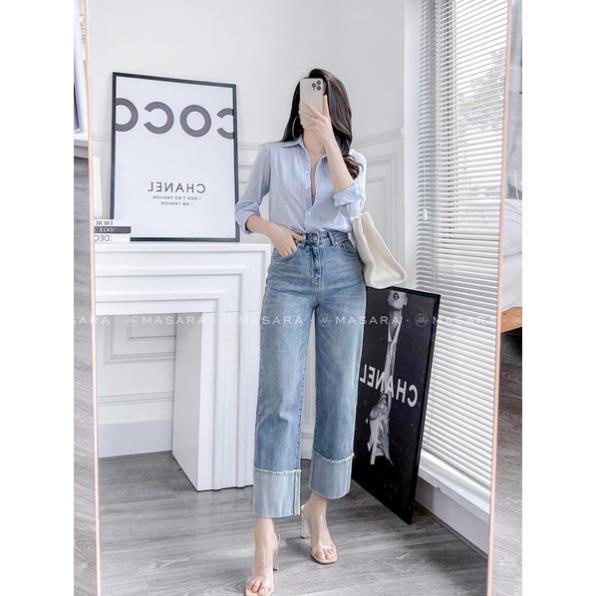 QUẦN JEAN NỮ DÁNG SUÔNG MÀU XANH GẬP GẤU