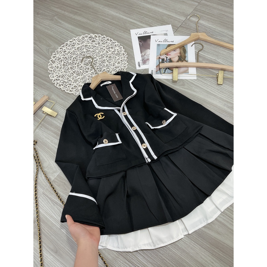 Set váy nữ viền kẻ trắng