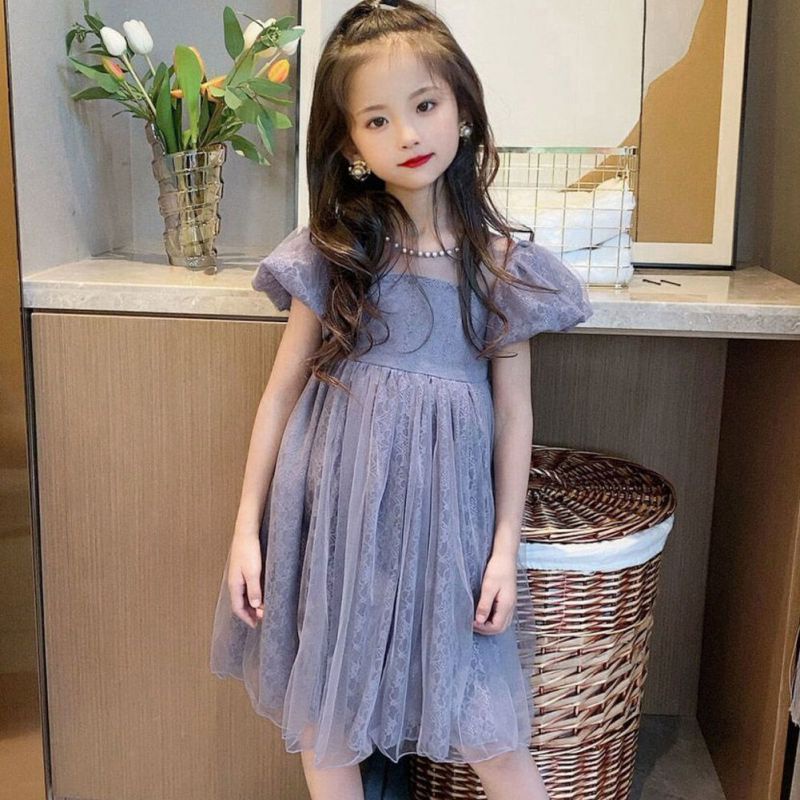 Đầm Công Chúa Tay Phồng Phối Lưới Đính Nơ Đáng Yêu Cho Bé Gái
