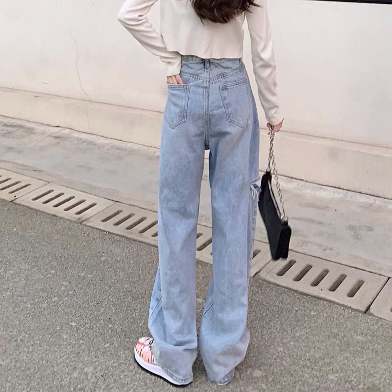 Quần bò jeans ống rộng rách đùi eo cao cách điệu eo lệch Ullzang siêu chất ❤️