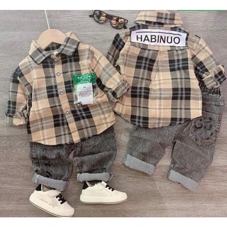 Sét áo sơ mi kết hợp quần jean bé trai, bộ quần jean áo sơ mi kẻ caro cho bé