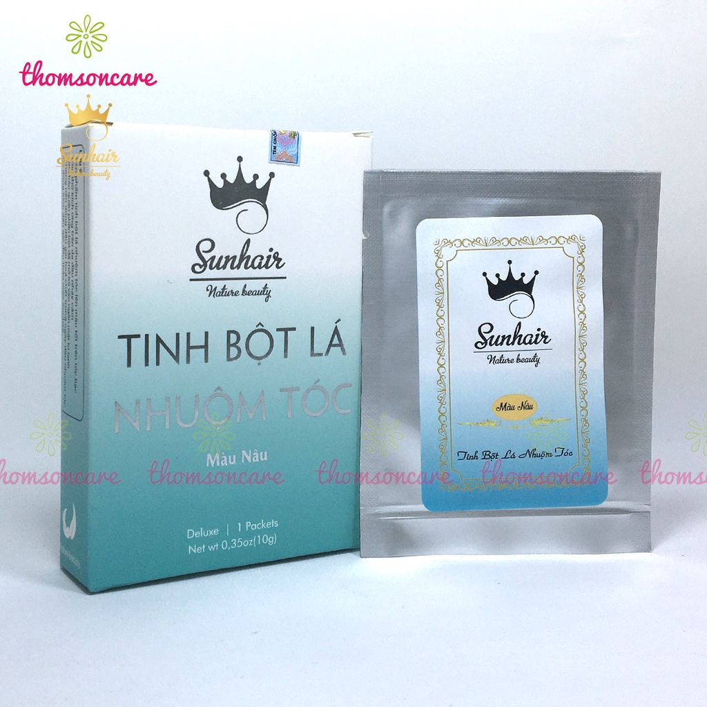 Thuốc nhuộm tóc Sunhair từ tinh bột lá thảo dược, lên màu đen, nâu, phủ bạc tóc trắng, an toàn cho da đầu