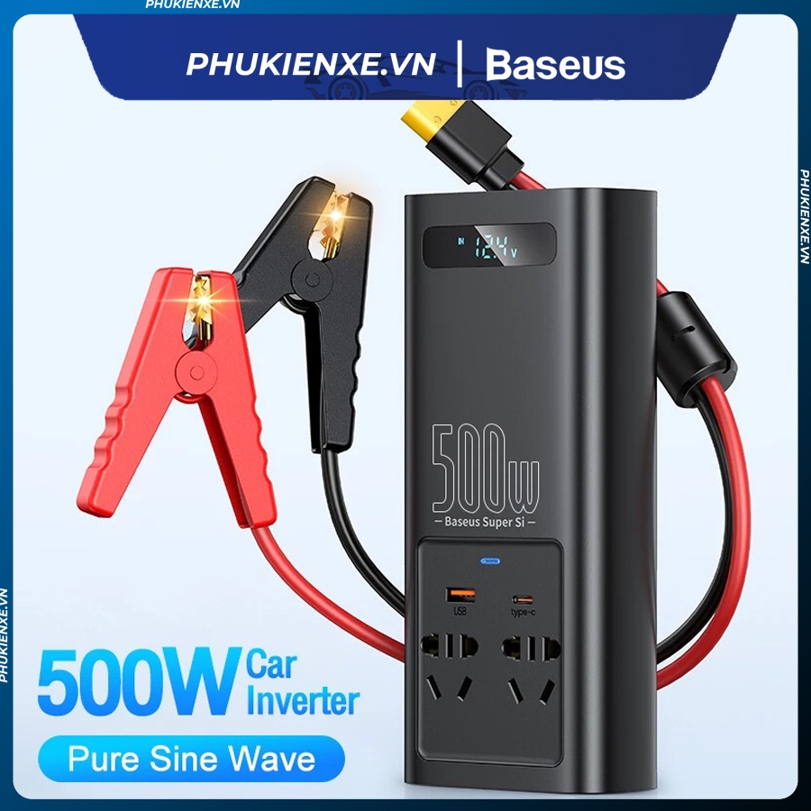 Bộ chuyển đổi Baseus 500W từ dòng DC 12V Sang AC 240V nguyên Chất Sóng Sine Tự Động Charging Port USB Loại C