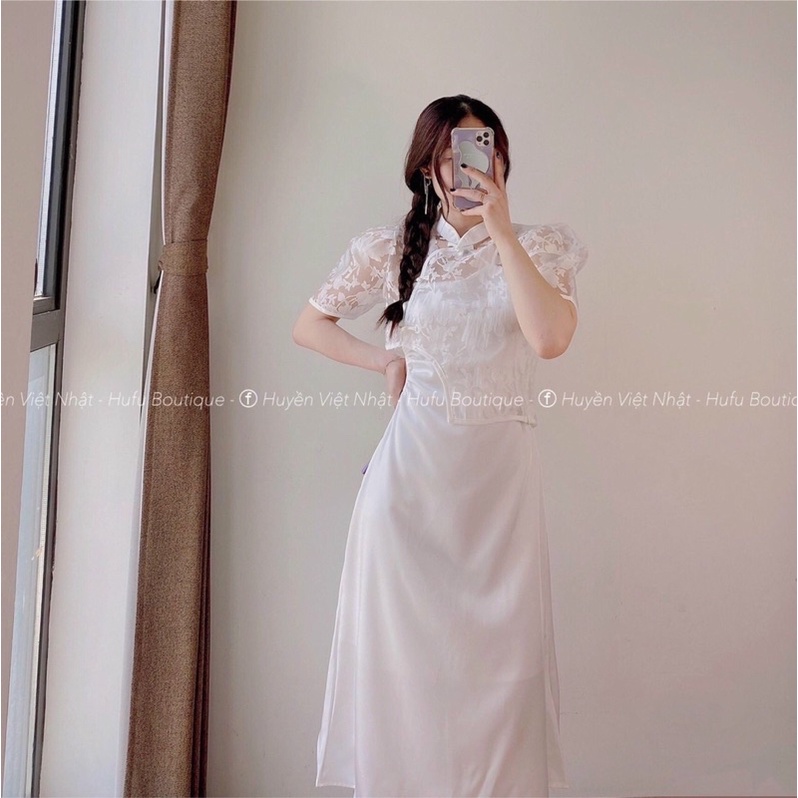 SET ĐẦM MIDI TRẮNG DÂY CHÉO KHOÉT EO + ÁO VOAN HOA CỔ TÀU LỆCH sp000336