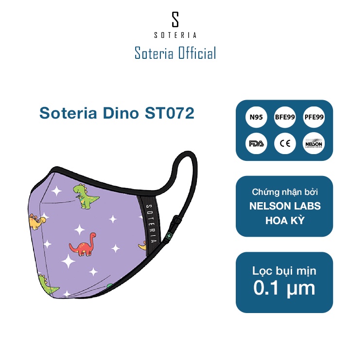 Khẩu trang tiêu chuẩn Quốc Tế SOTERIA Dino ST072 - Bộ lọc N95 BFE PFE 99 lọc đến 99% bụi mịn 0.1 micro- Size S,M,L