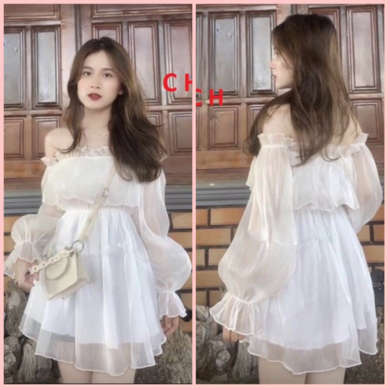 [Quà tặng viên kẹo]Váy Trễ Vai Bánh Bèo🎀 Đầm Dự Tiệc rớt Vai Màu Trắng🎀Lệch vai dài tay tiểu thư 2 lớp vintage dáng ngắn | BigBuy360 - bigbuy360.vn