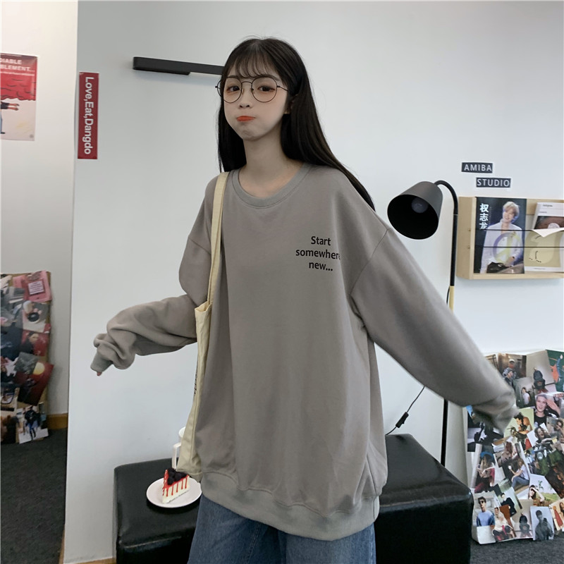 Áo thun mỏng dáng rộng in chữ thời trang mùa thu phong cách Hàn Quốc 216179