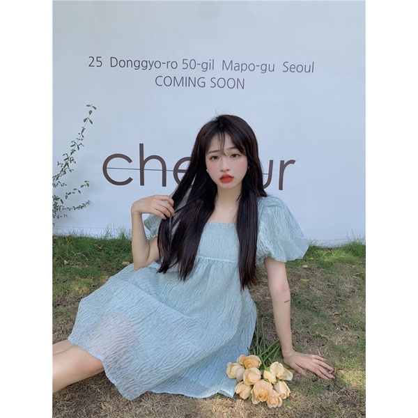 Đầm Babydoll Vải Xốp Sần Xám Xanh Tay Bồng Dáng Xoè Siêu Yêuu