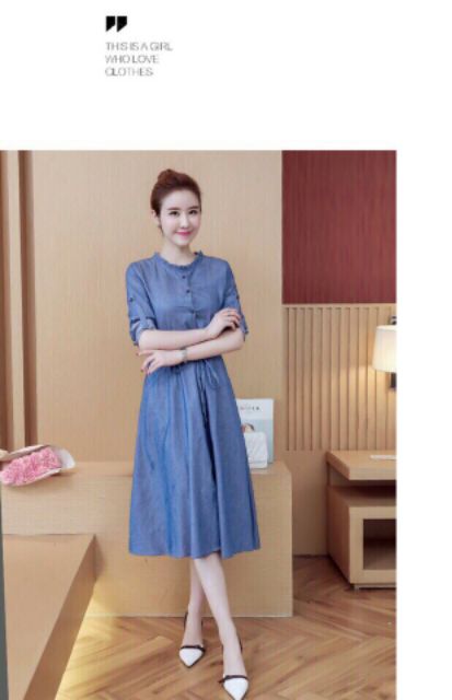 Đầm jean xòe denim eo rút dây, váy bò cổ viền bèo - DTH