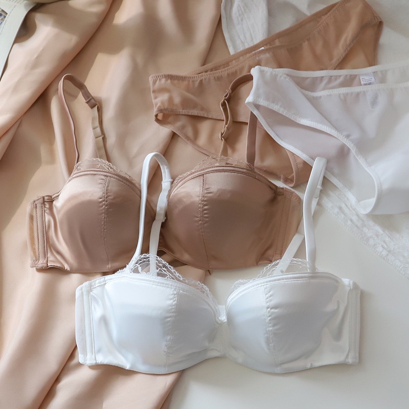 AB999-Bộ đồ lót nữ đệm mỏng cup ngang có gọng ren lụa satin mềm mại thoáng mát