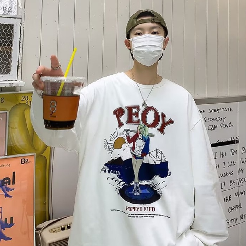 Áo Thun Tay Dài Dáng Rộng In Họa Tiết Hoạt Hình Phong Cách Hàn Quốc Thời Trang Cho Nam Và Nữ size M-5XL