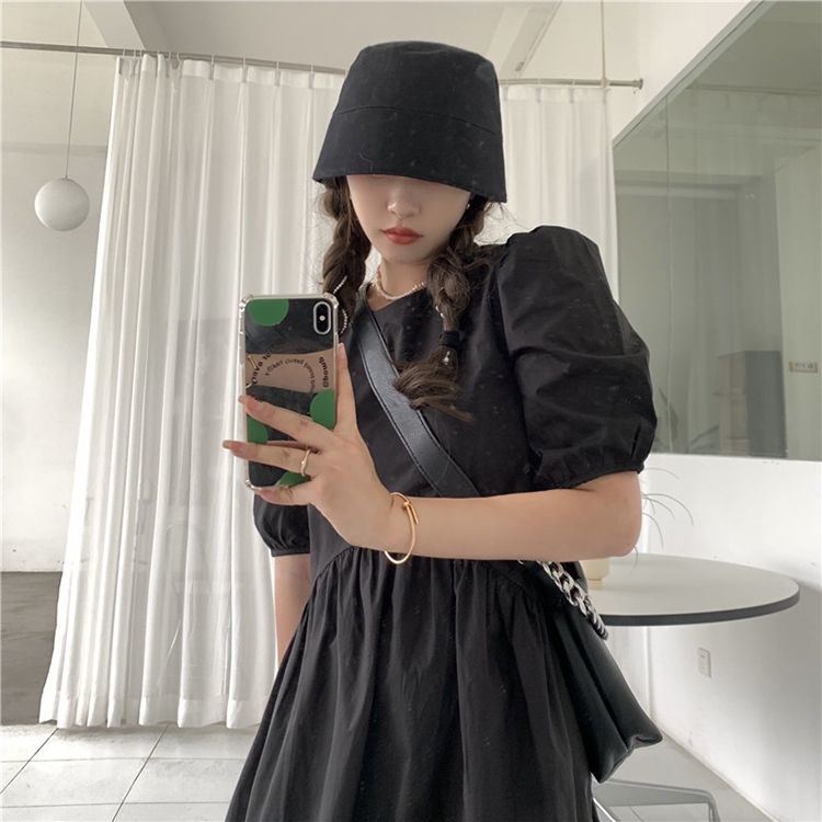 Đầm trắng tay phồng chiết eo dáng rộng phong cách Retro Pháp thanh lịch