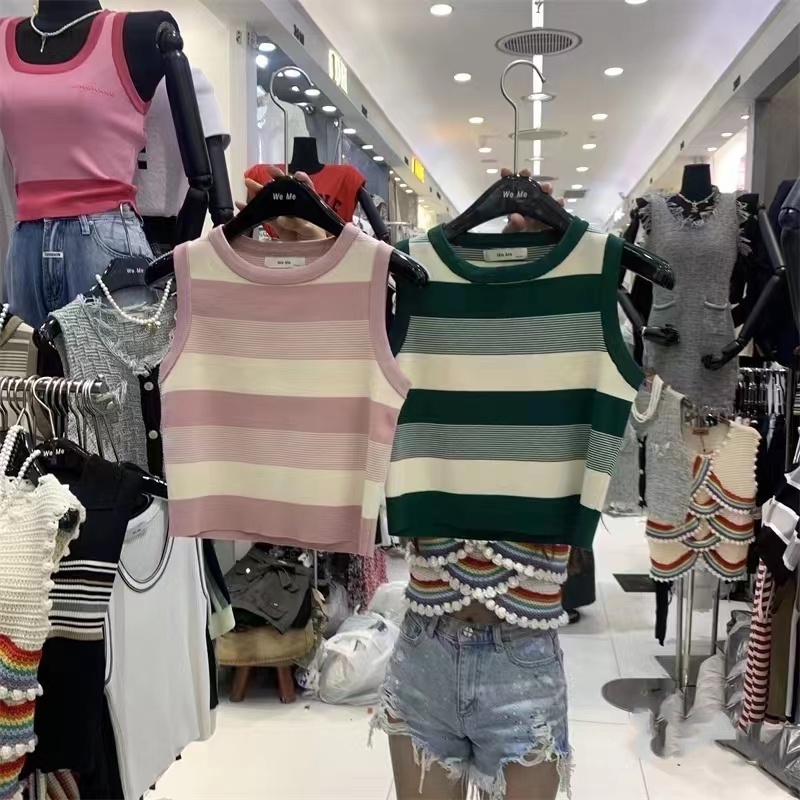 Áo Tank Top Dệt Kim Sát Nách Cổ Tròn Hoạ Tiết Kẻ Sọc Phong Cách Hàn Quốc