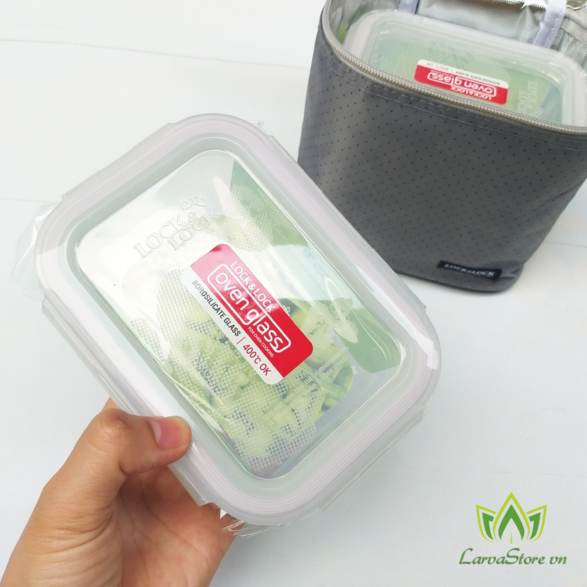 Bộ Hộp Cơm Lock&amp;lock Thủy Tinh LLG422S4 380ml x 3 Túi Xám (Sử dụng tốt với lò vi sóng)