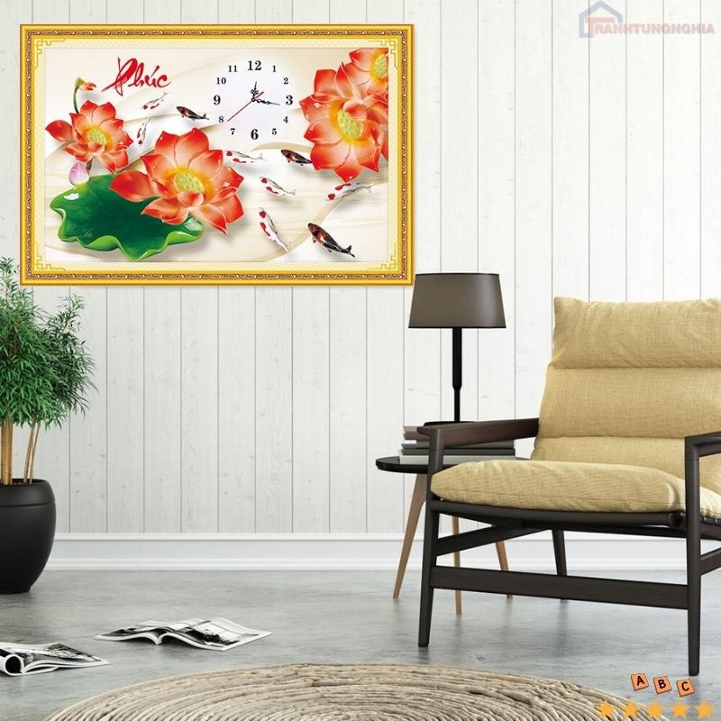 Tranh đính đá, tranh thêu chữ thập đồng hồ chữ phúc 75cm x 50cm