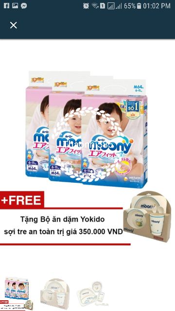 Combo 3 gói bỉm moony dán NB90, S84, M64, L54 quần L44, XL38 có quà tặng