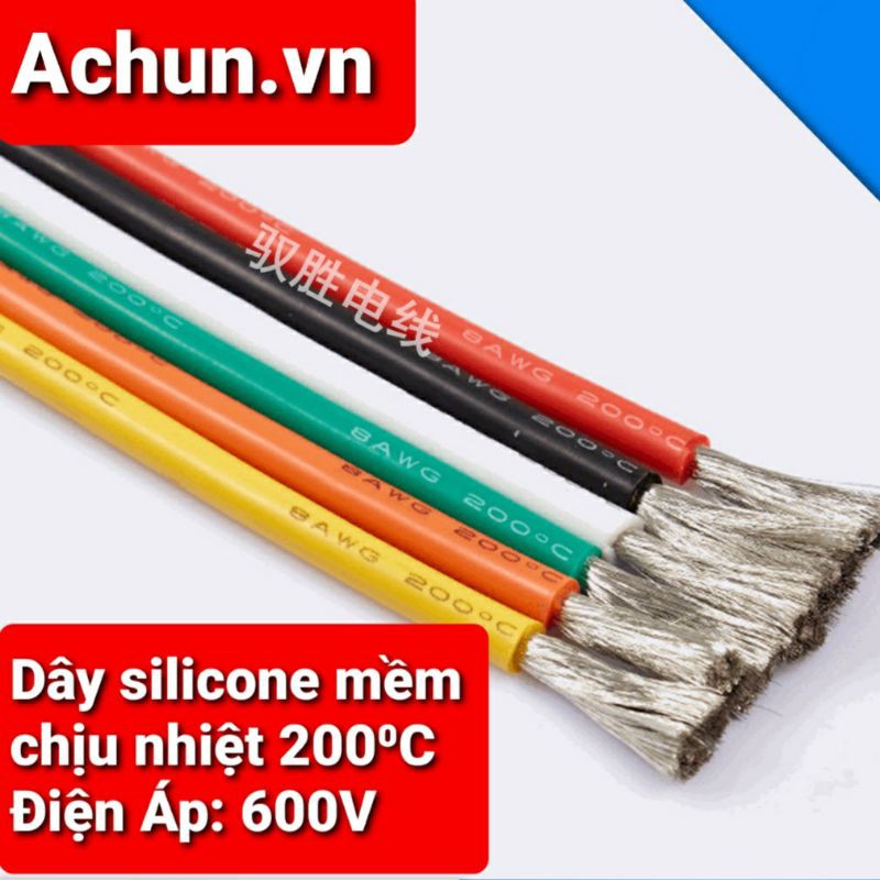 Achun.vn - DÂY ĐIỆN SILICON MỀM 8/10/.../16 AWG - 01 mét - CHỊU NHIỆT 200C ĐIỆN ÁP 600V - MÀU NGẪU NHIÊN