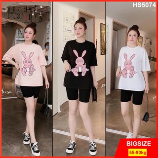 Set bộ quần áo bigsize 55-90kg: quần đùi ngố + áo thun nữ in hình thỏ xinh bigsize HS5074 -Màu Trắng Đen Hồng - Huệ Shyn
