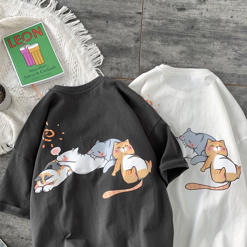 Áo thun 4 con mèo ngủ, áo thun tay lỡ dáng rộng mèo ngủ - kiểu dáng unisex | BigBuy360 - bigbuy360.vn