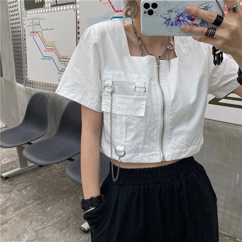 Áo croptop nữ có khoá kéo và xích phong cách hiphop cá tính - 4 ảnh thật cuối A40