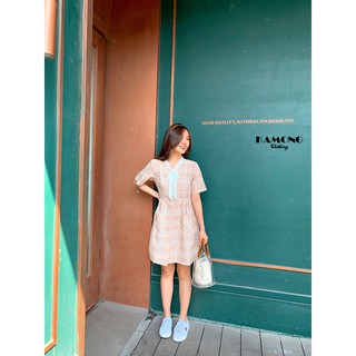 Đầm suông Caro cổ nơ trắng ( Xanh - Da )