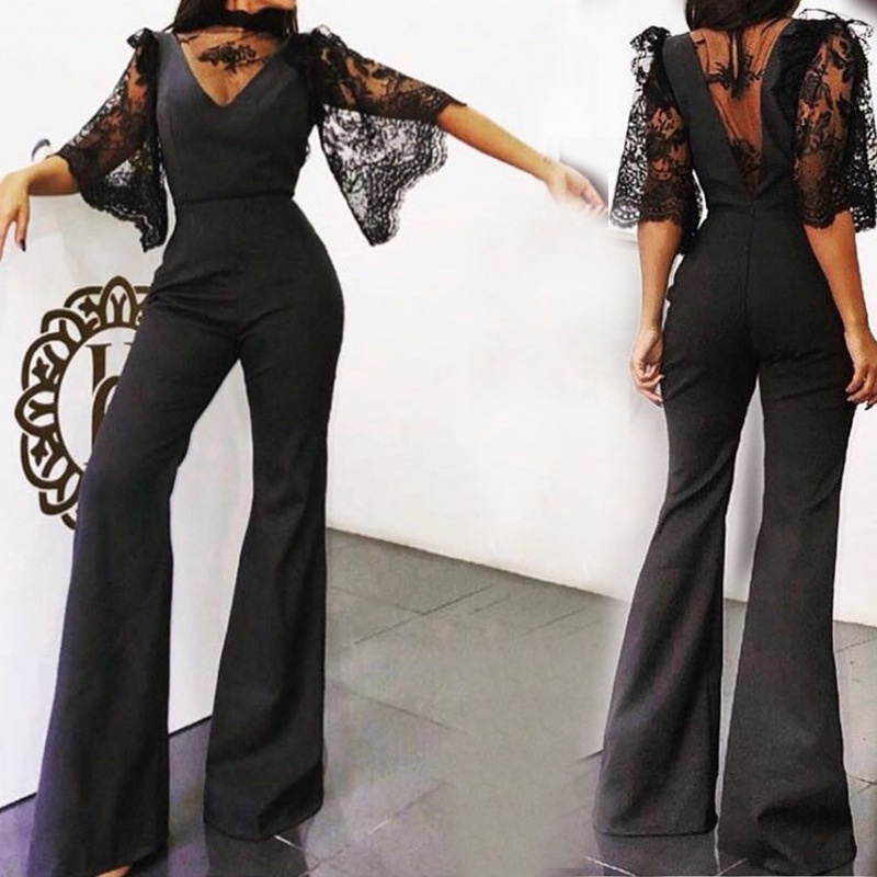 Jumpsuit tay lỡ cổ chữ V phối ren thời trang thanh lịch cho nữ