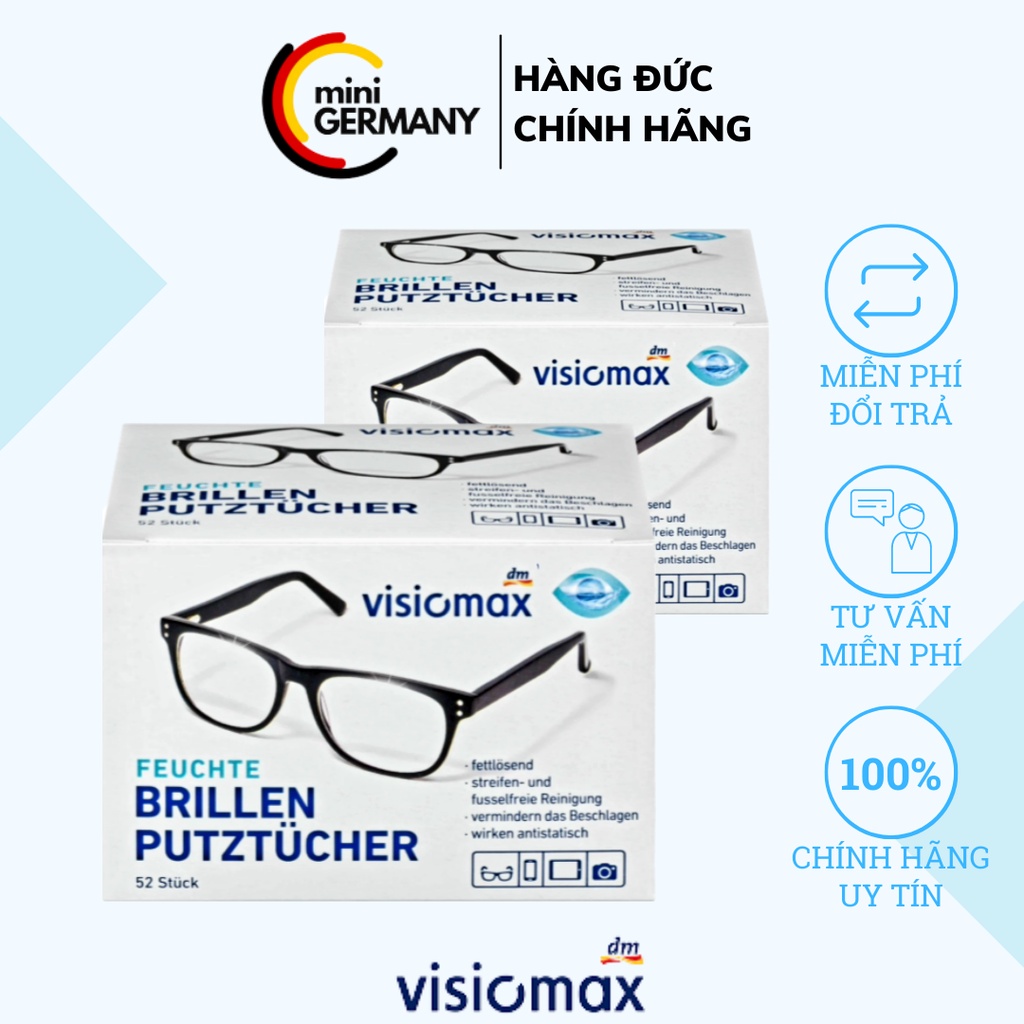 VISIOMAX Khăn lau kính hộp 52 chiếc giúp làm sạch, chống tĩnh điện, giảm sương mù mắt kính, màn hình