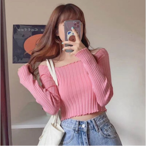 SUXI Áo dệt kim nữ tay dài bẹt vai phong cách Hàn Quốc