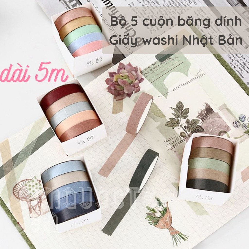 Set 5 cuộn băng dính giấy washi trang trí sổ tay lịch bàn ST08