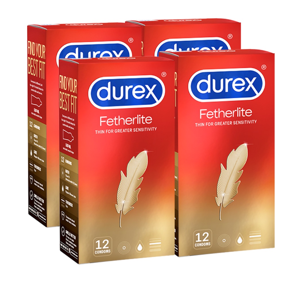 Bộ 4 hộp bao cao su Durex Fetherlite siêu mỏng, bôi trơn, size 52.5mm, 12 bao/hộp