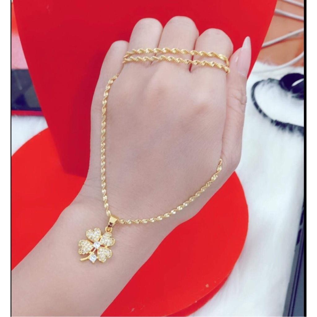 Dây chuyền nữ mạ vàng dây kiểu xoắn mặt cỏ 4 lá may mắn htj