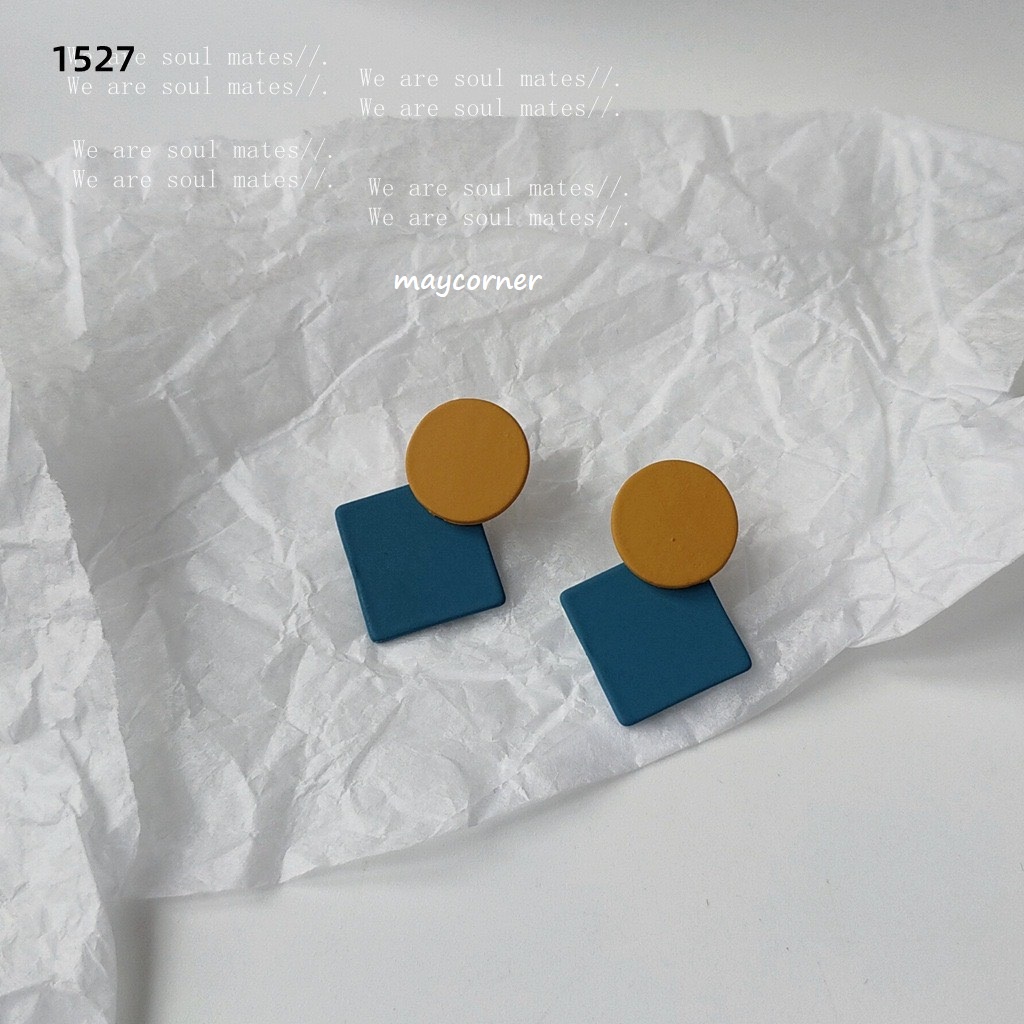 Vintage với bông tai hình học xanh 1527 mạ 925 cao cấp