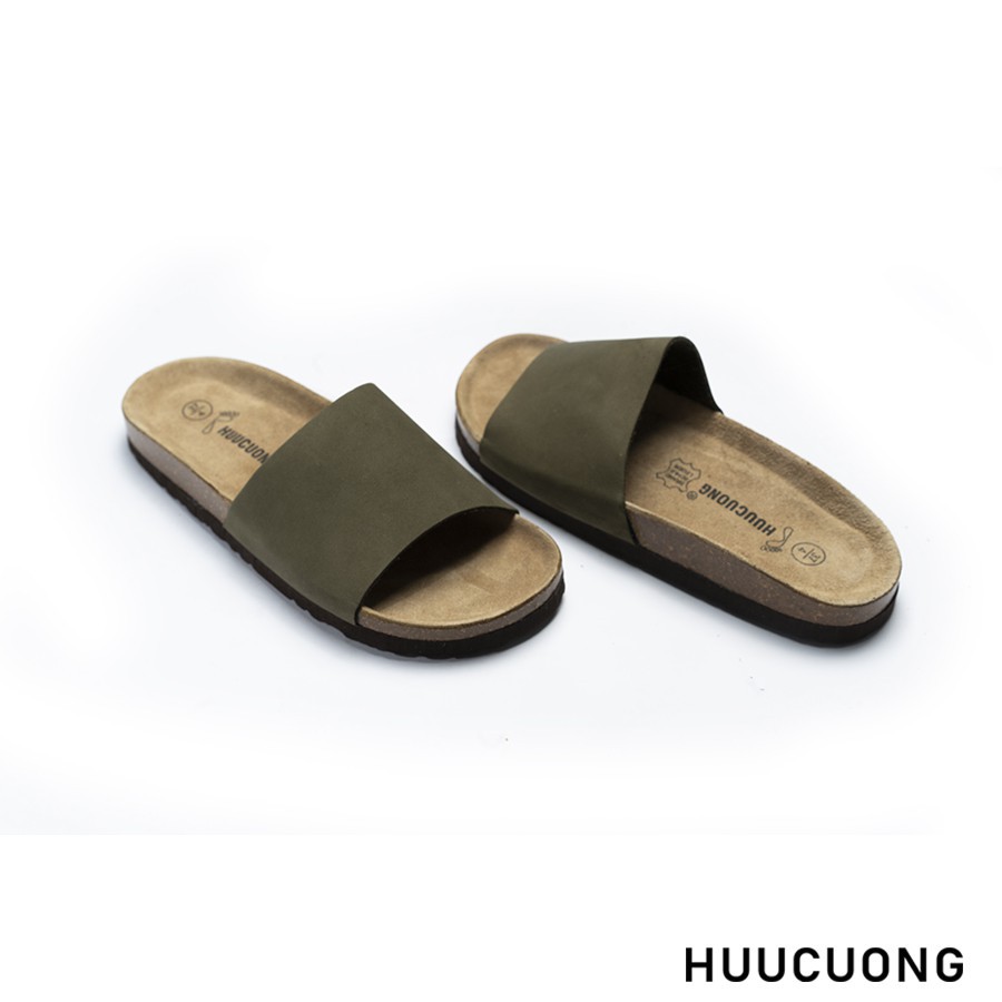 Dép unisex HUUCUONG 1 Quai Da Thật Màu Xanh Rêu Đế Trấu