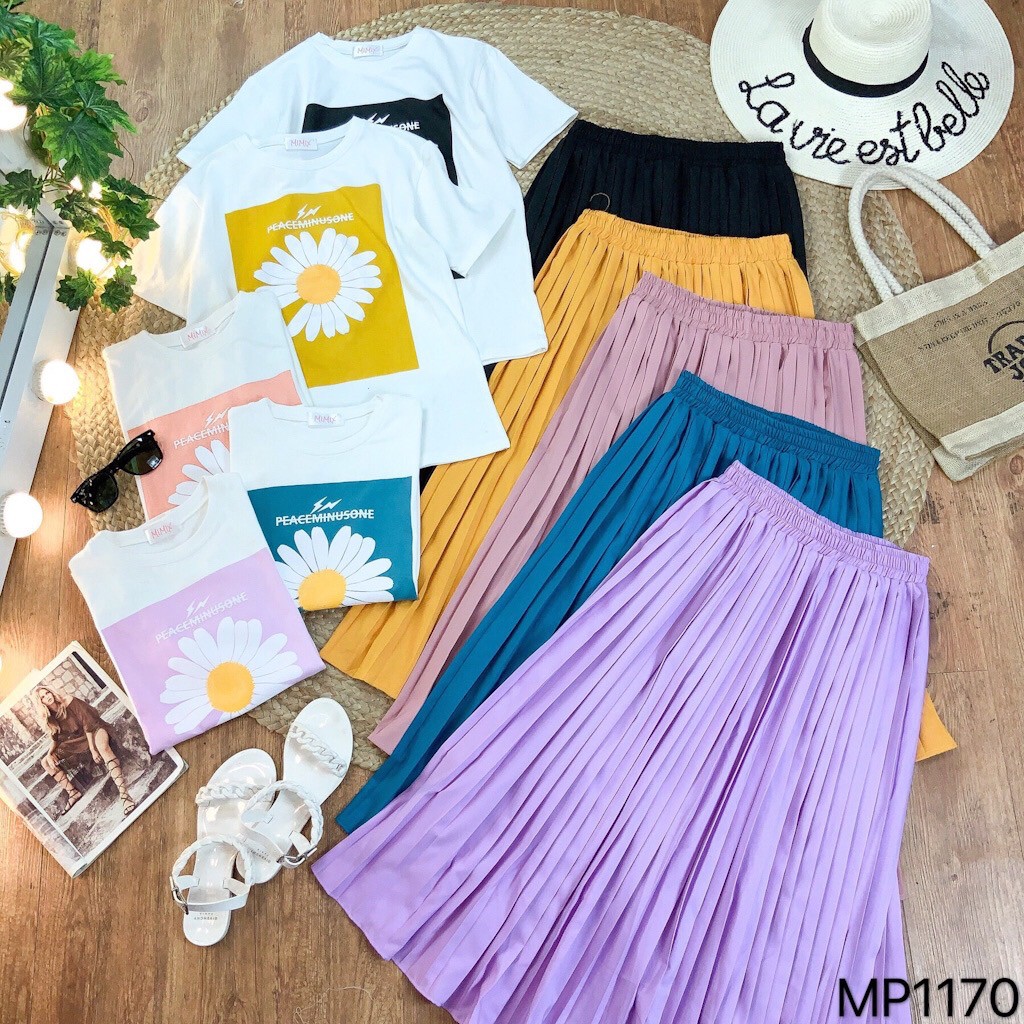 Set Ulzzang Áo thun hoa cúc và Chân váy Midi xếp li VINTAGE STORE