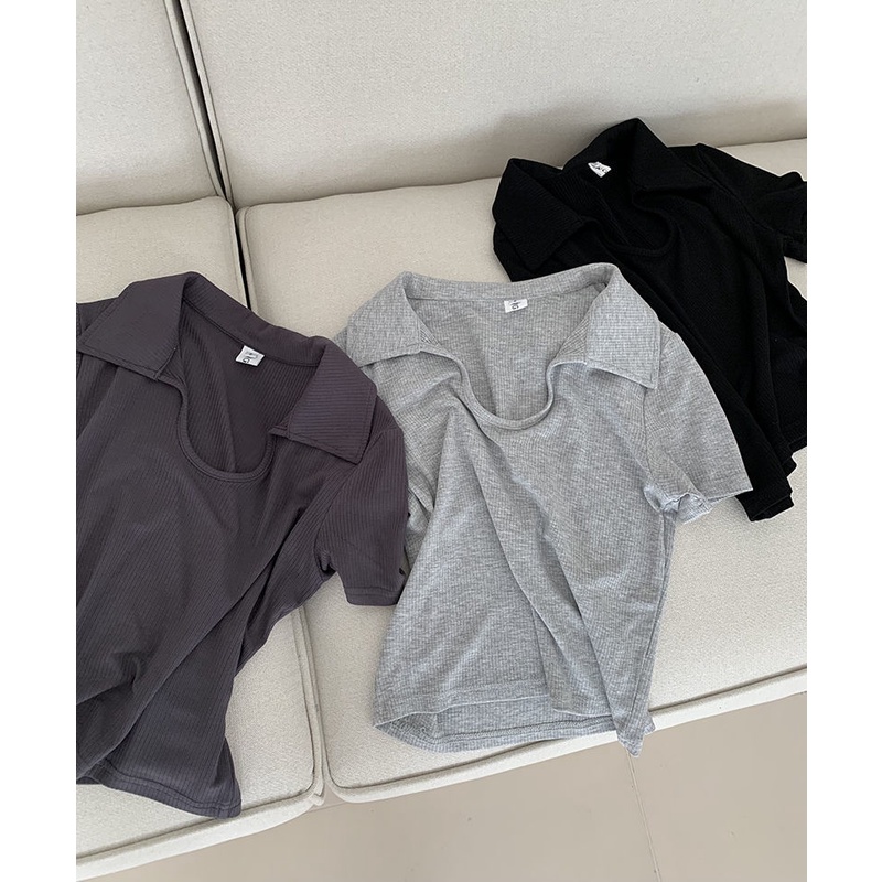 Áo polo Tay Ngắn Dáng Ôm Màu Xám Thời Trang Mùa Hè Cho Nữ