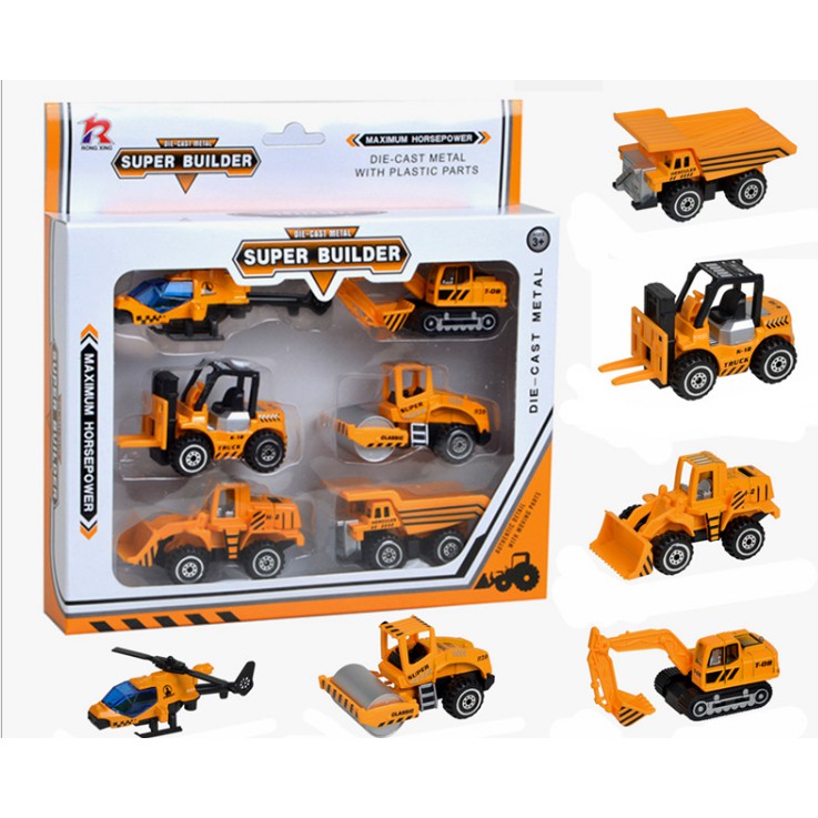 Bộ xe công trình die cast mini gồm 6 xe tỉ lệ 1:64 đồ chơi trẻ em